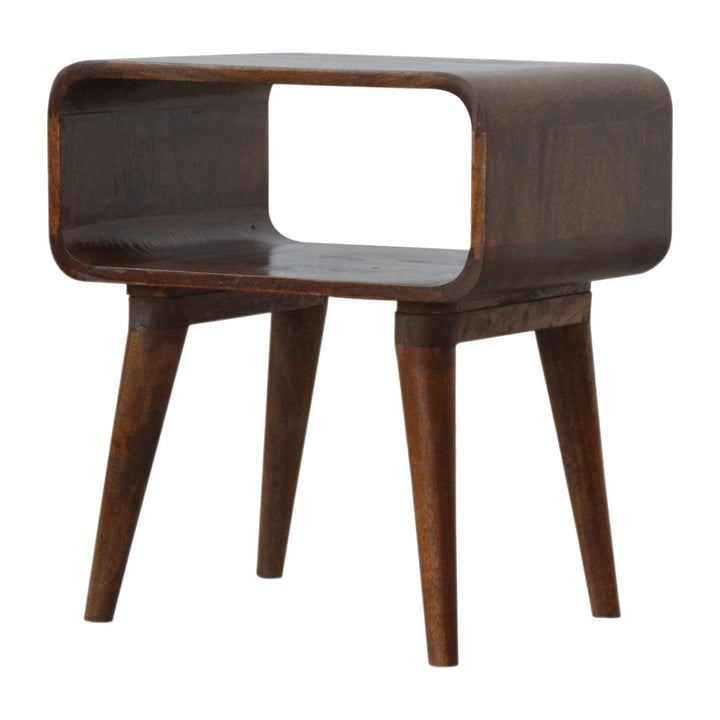 Curved Open Chestnut Nightstand - Solid Mango Wood Bedside Table for Bedroom - product view 2 showing handcrafted solid...