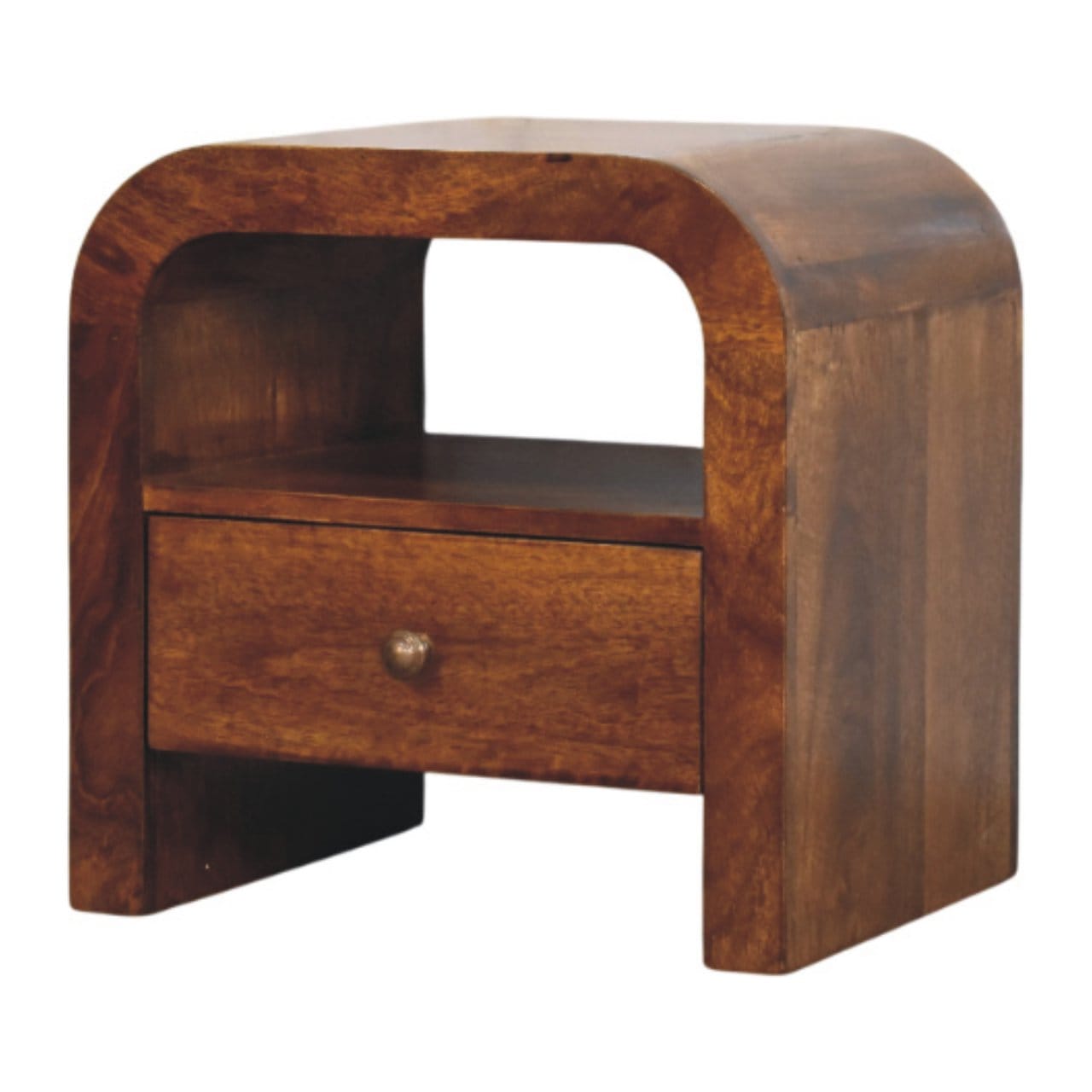 Darcy Chestnut Nightstand - Solid Mango Wood Bedside Table for Bedroom - product view 9 showing handcrafted solid mango...