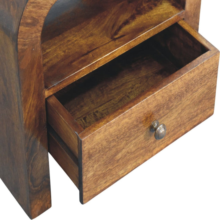 Darcy Chestnut Nightstand - Solid Mango Wood Bedside Table for Bedroom - product view 5 showing handcrafted solid mango...