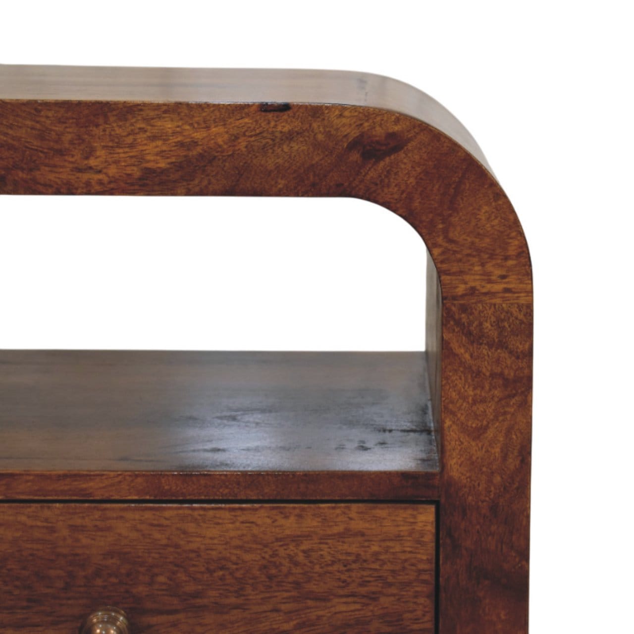 Darcy Chestnut Nightstand - Solid Mango Wood Bedside Table for Bedroom - product view 3 showing handcrafted solid mango...