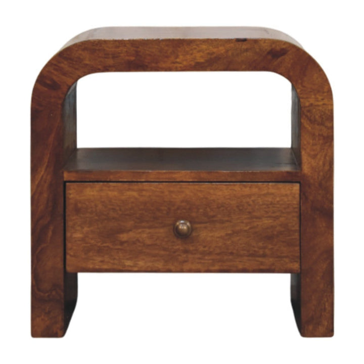 Darcy Chestnut Nightstand - Solid Mango Wood Bedside Table for Bedroom - product view 2 showing handcrafted solid mango...