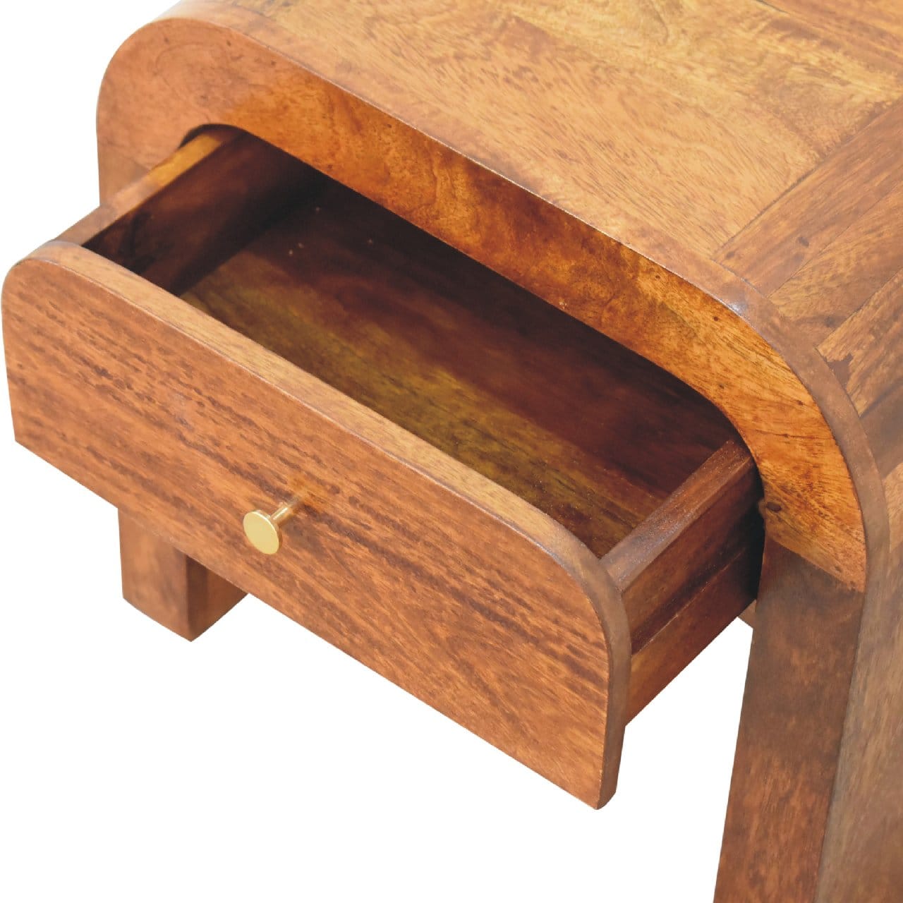 Darcy Chestnut Nightstand - Solid Mango Wood Bedside Table for Bedroom - product view 6 showing handcrafted solid mango...
