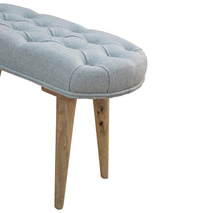 Deep Button Grey Tweed Bench - Solid Mango Wood Seating Furniture for Entryway - product view 6 showing handcrafted solid...