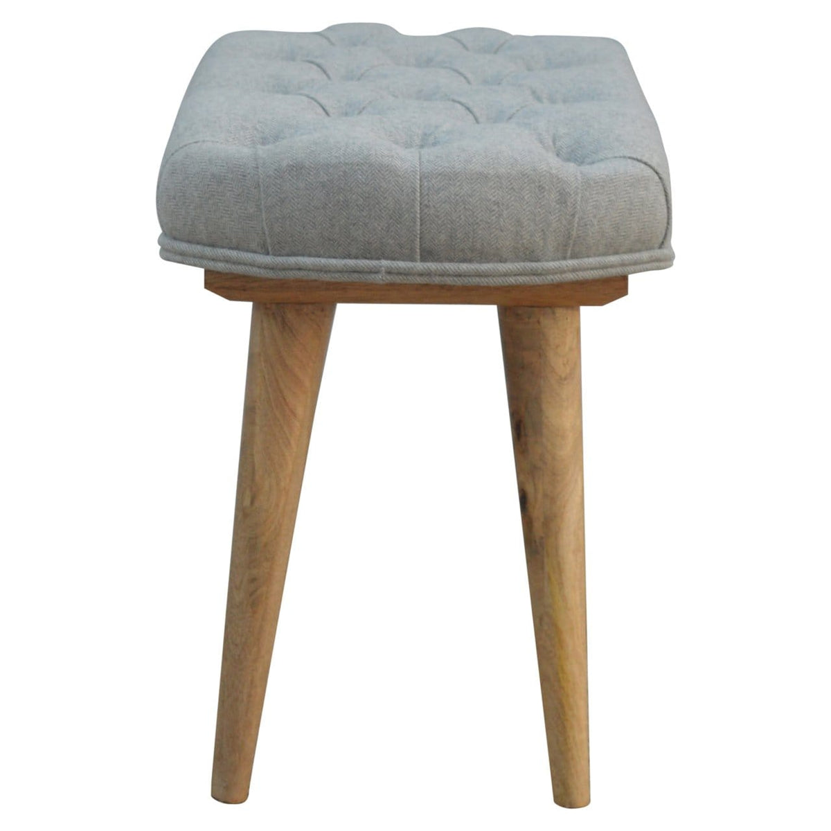 Deep Button Grey Tweed Bench - Solid Mango Wood Seating Furniture for Entryway - product view 5 showing handcrafted solid...