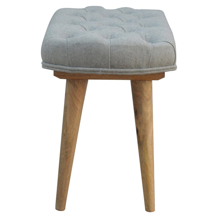 Deep Button Grey Tweed Bench - Solid Mango Wood Seating Furniture for Entryway - product view 5 showing handcrafted solid...