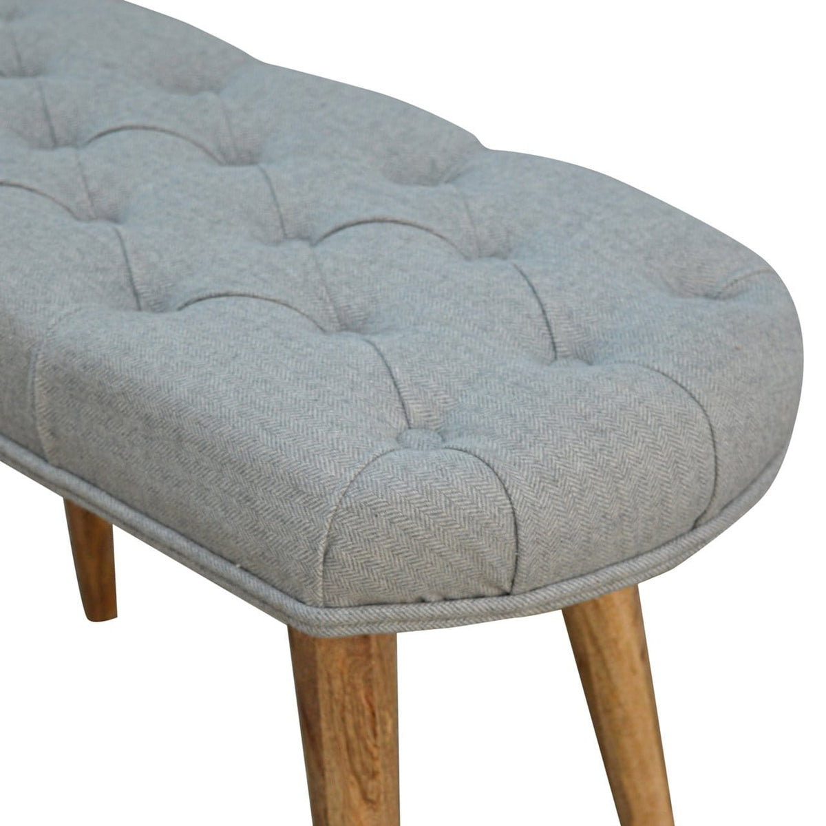 Deep Button Grey Tweed Bench - Solid Mango Wood Seating Furniture for Entryway - product view 3 showing handcrafted solid...