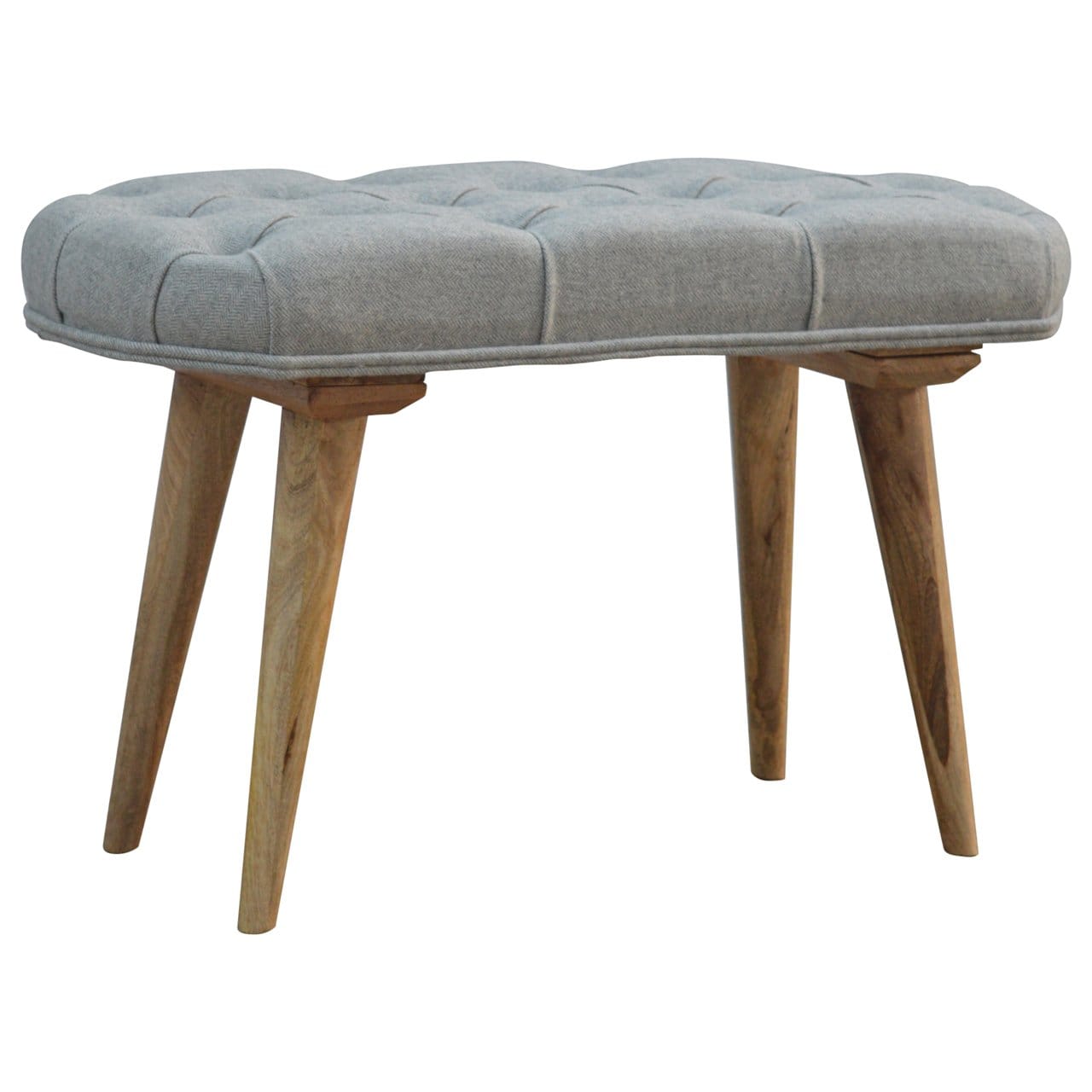 Deep Button Grey Tweed Bench - Solid Mango Wood Seating Furniture for Entryway - main view showing handcrafted solid...