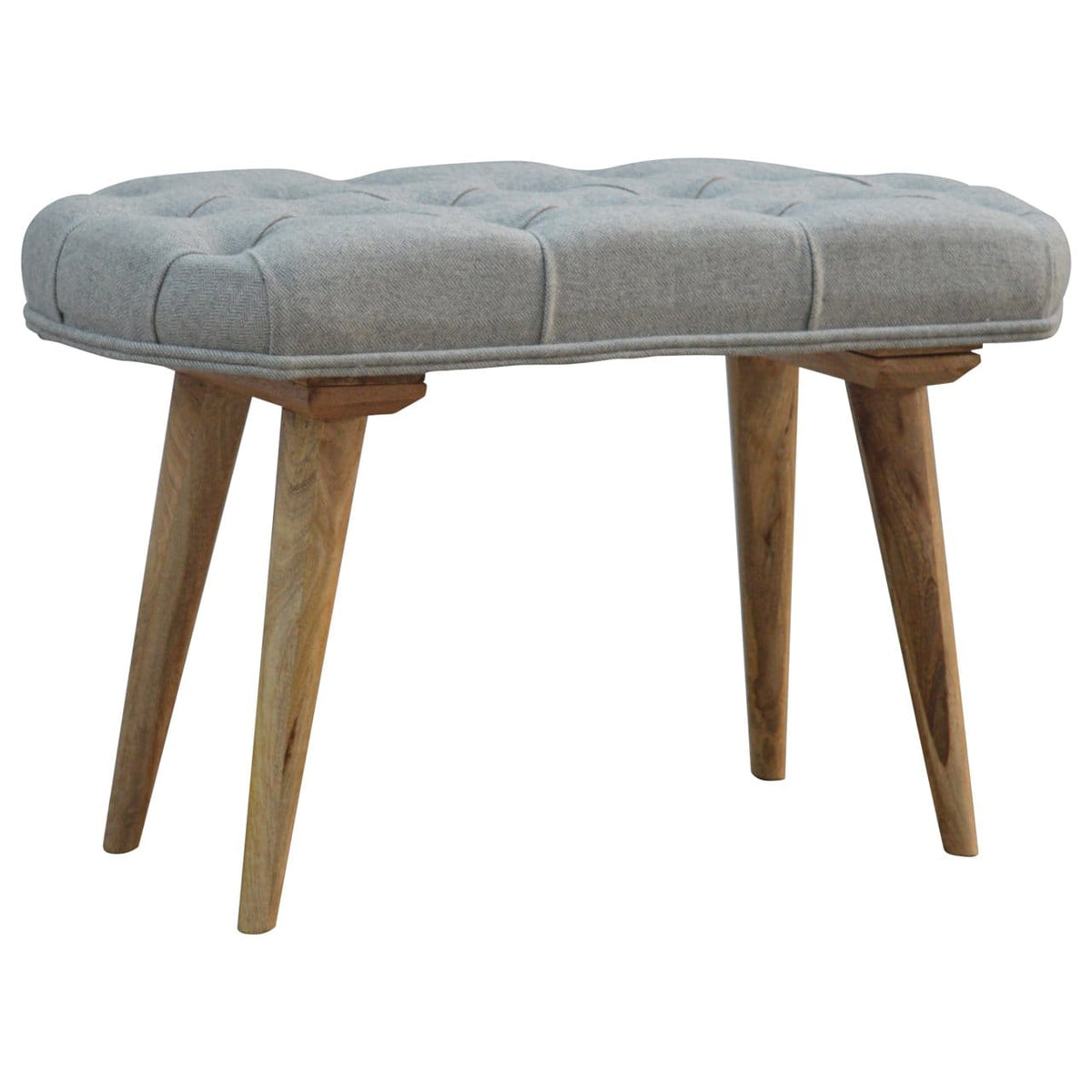 Deep Button Grey Tweed Bench - Solid Mango Wood Seating Furniture for Entryway - main view showing handcrafted solid...