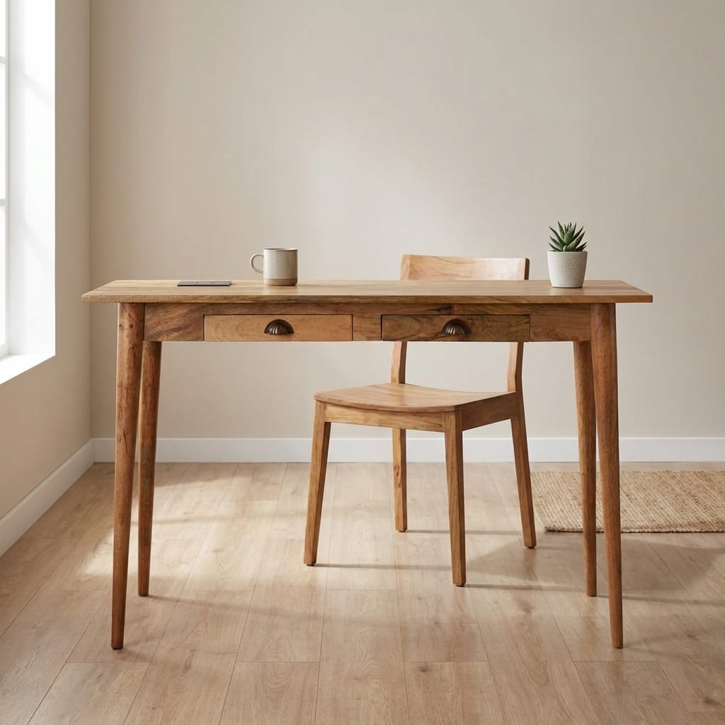 2 Drawer Cable Writing Desk - Solid Mango Wood Writing Table for Home Office - main view showing handcrafted solid mango...