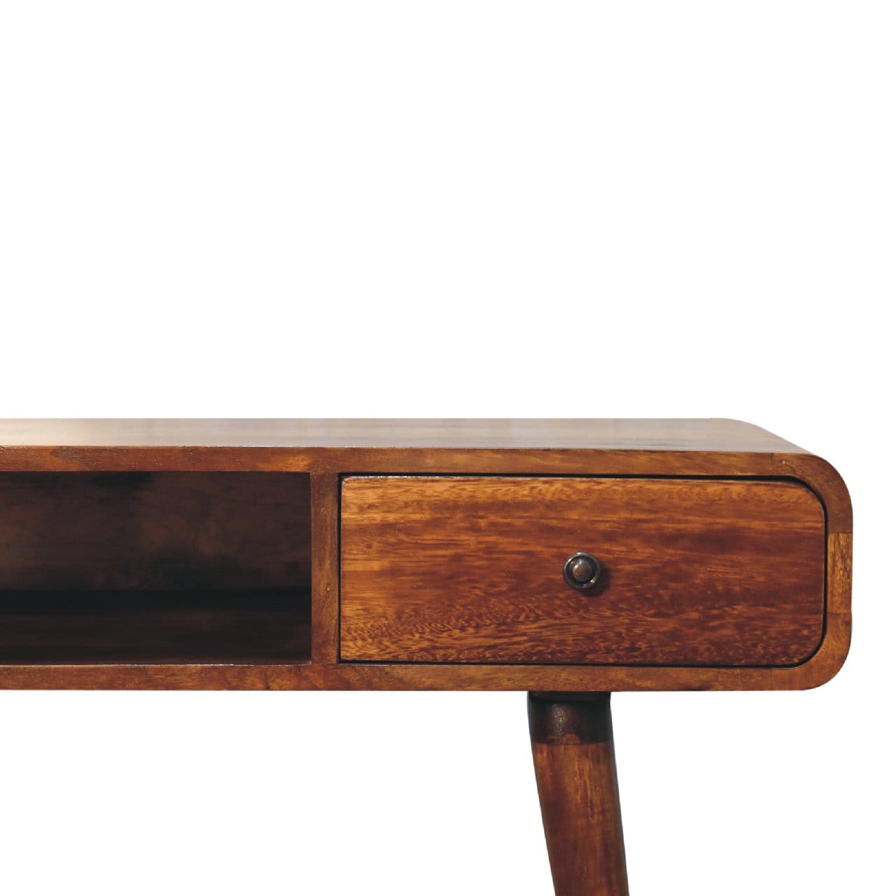 Curved Chestnut Writing Desk - Solid Mango Wood Writing Table for Home Office - product view 5 showing handcrafted solid...