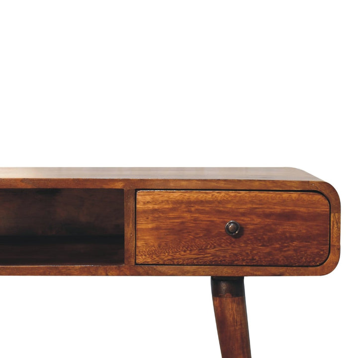 Curved Chestnut Writing Desk - Solid Mango Wood Writing Table for Home Office - product view 5 showing handcrafted solid...