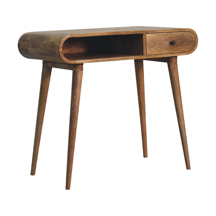 Curved Writing Desk - Solid Mango Wood Writing Table for Home Office - product view 3 showing handcrafted solid mango...