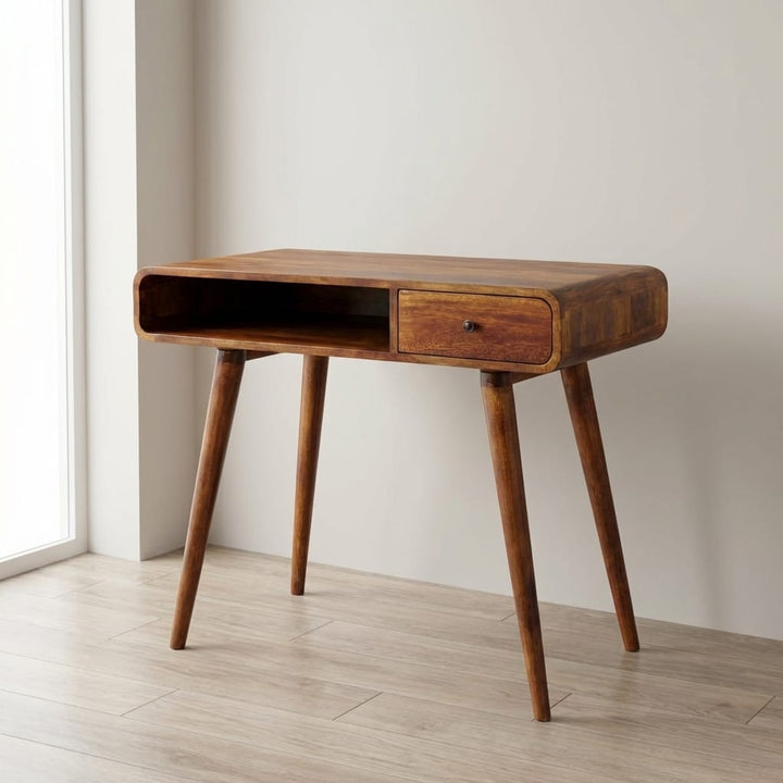 Curved Chestnut Writing Desk - Solid Mango Wood Writing Table for Home Office - main view showing handcrafted solid mango...