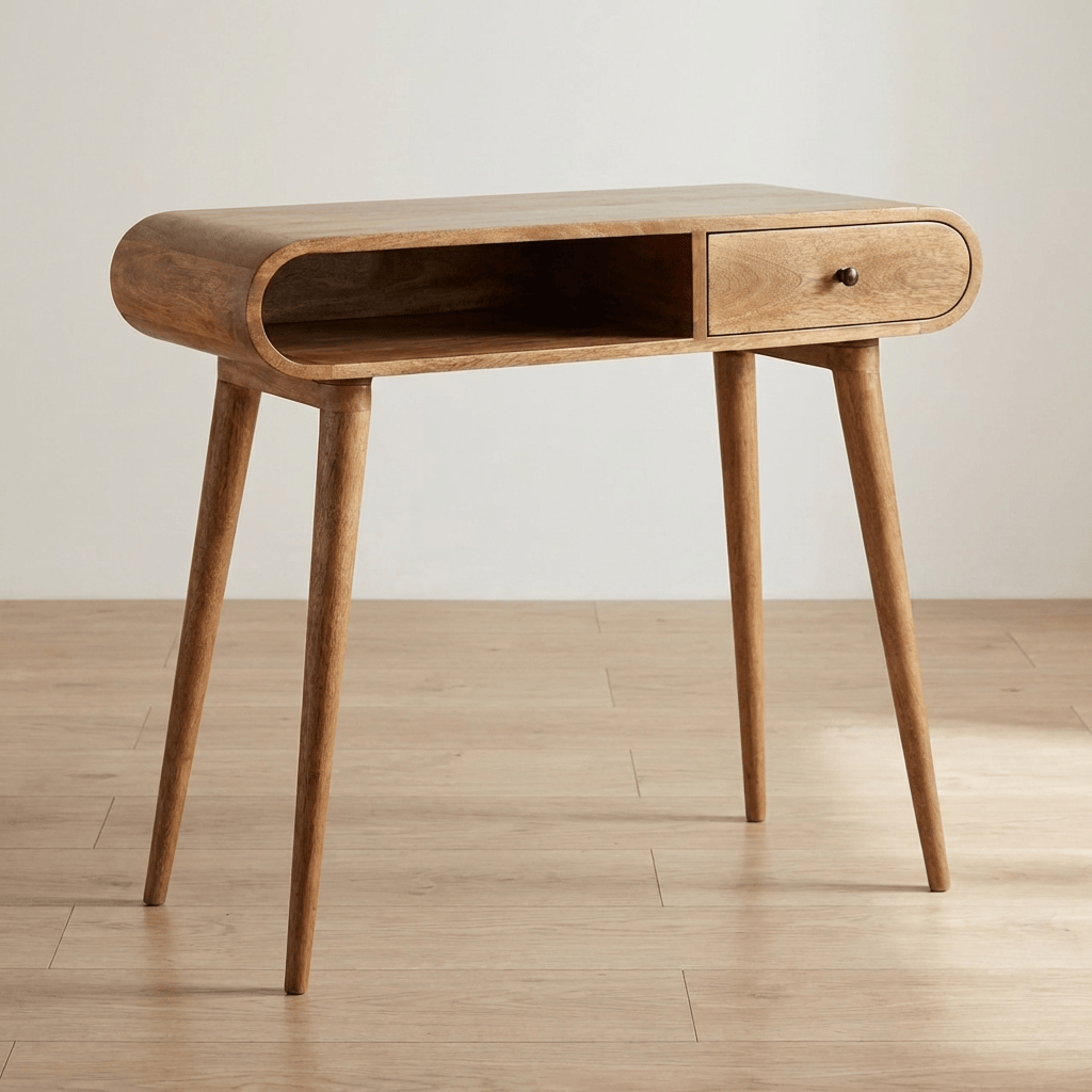 Curved Writing Desk - Solid Mango Wood Writing Table for Home Office - main view showing handcrafted solid mango wood desk