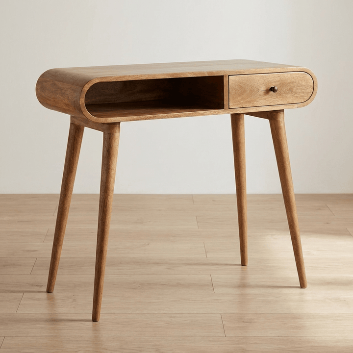 Curved Writing Desk - Solid Mango Wood Writing Table for Home Office - main view showing handcrafted solid mango wood desk