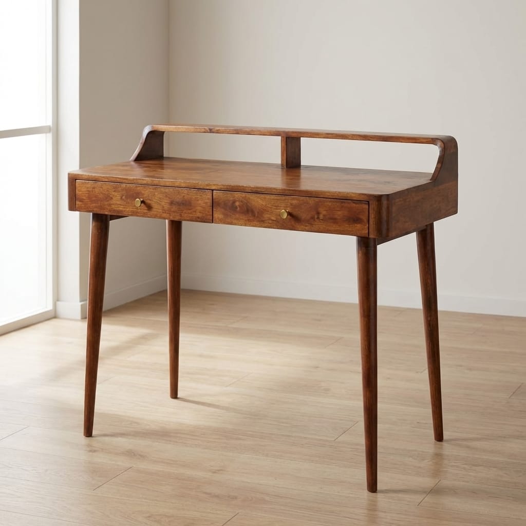 Elevated Chestnut Writing Desk - Solid Mango Wood Desk for Home Office - main view showing handcrafted solid mango wood...