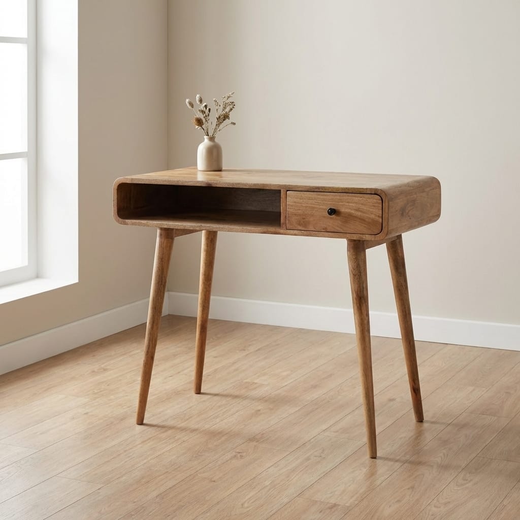 Handcrafted Curved Oak-ish Writing Desk - Solid Mango Wood Writing Table for Home Office - main view showing handcrafted...