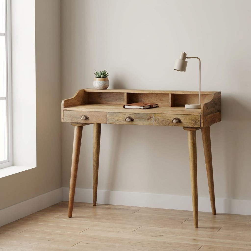 Handcrafted Gallery Back Shell Writing Desk - Solid Mango Wood Writing Table for Home Office - main view showing...