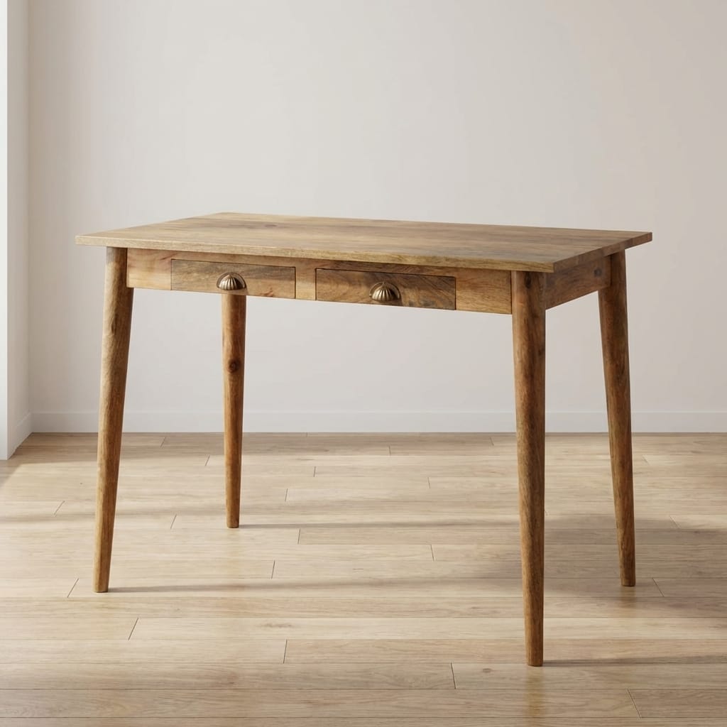 Nordic 2 Drawer Writing Desk - Solid Mango Wood Writing Table for Home Office - main view showing handcrafted solid mango...