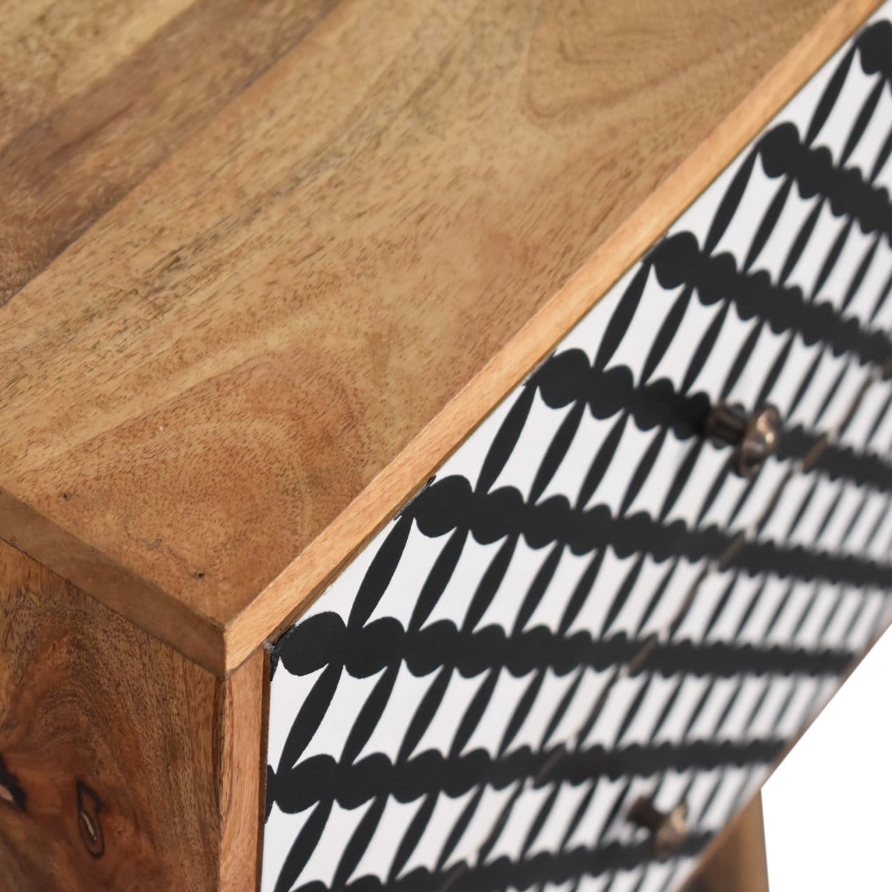 Diamond Screen Printed Nightstand - Solid Mango Wood Bedside Table for Bedroom - product view 4 showing handcrafted solid...