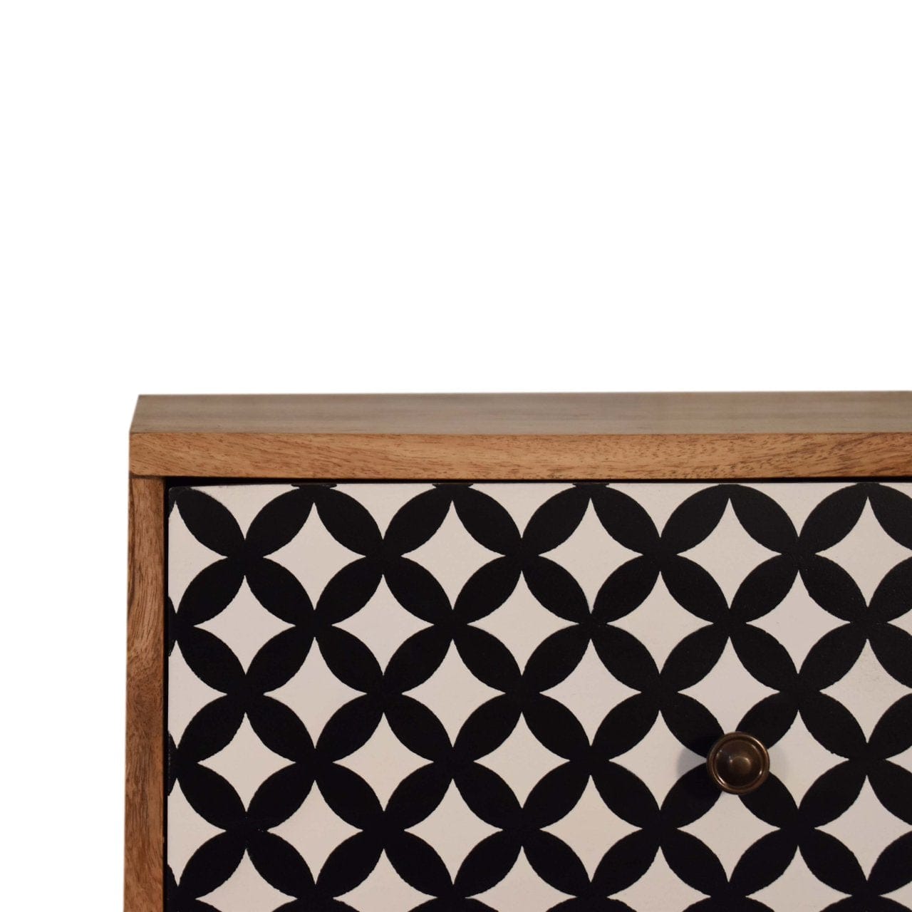 Diamond Screen Printed Nightstand - Solid Mango Wood Bedside Table for Bedroom - product view 3 showing handcrafted solid...