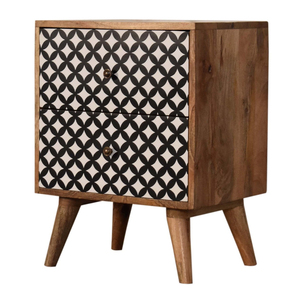 Diamond Screen Printed Nightstand - Solid Mango Wood Bedside Table for Bedroom - product view 2 showing handcrafted solid...