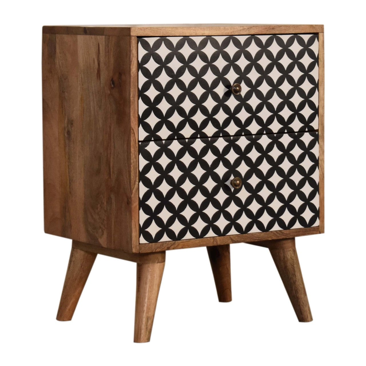Diamond Screen Printed Nightstand - Solid Mango Wood Bedside Table for Bedroom - main view showing handcrafted solid...