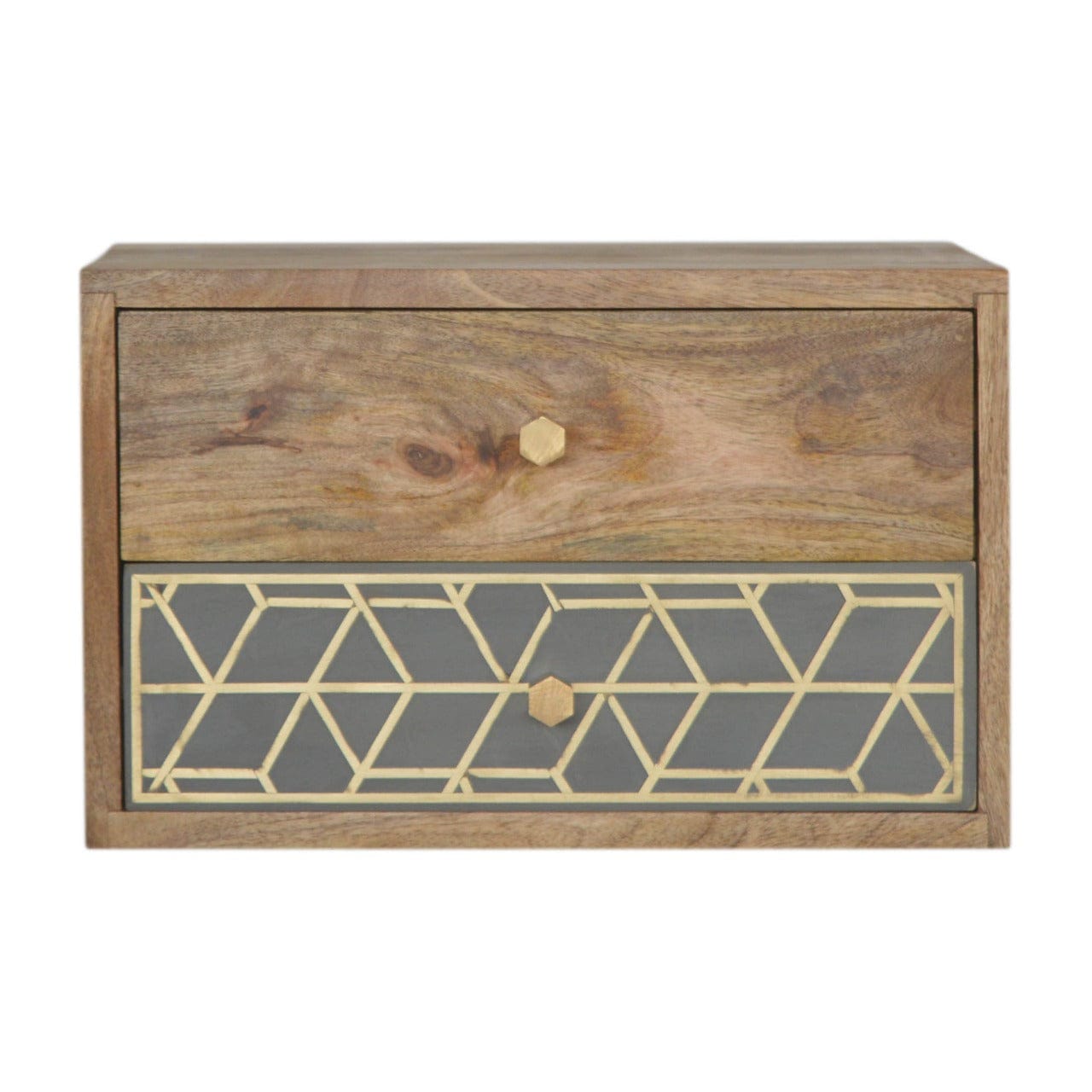 Dice Floating Nightstand - Solid Mango Wood Bedside Table for Bedroom - main view showing handcrafted solid mango wood...