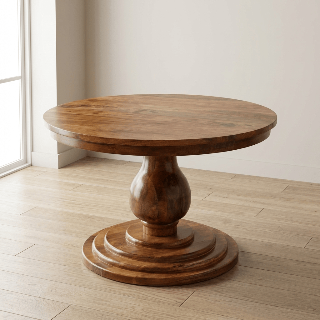 Belmont Round Dining Table - Solid Mango Wood Kitchen Table - main view showing handcrafted solid mango wood dining table