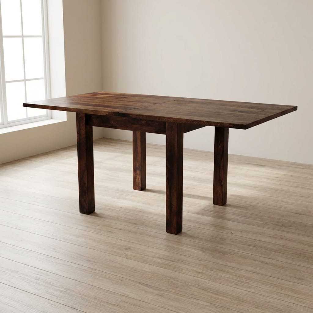 California Walnut Extendable Butterfly Dining Table - Solid Mango Wood Kitchen Table - main view showing handcrafted...