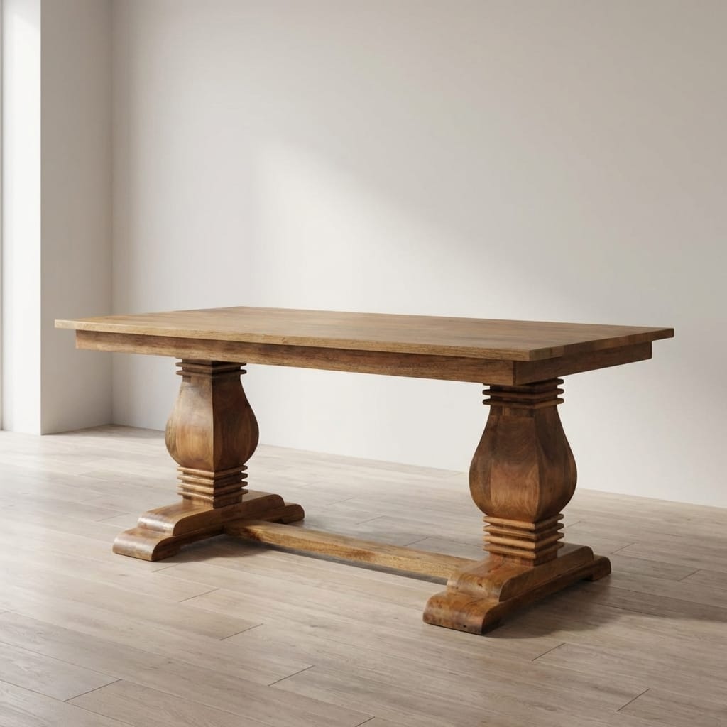 Farmhouse Elmbrook Dining Table - Solid Mango Wood Kitchen Table - main view showing handcrafted solid mango wood dining...