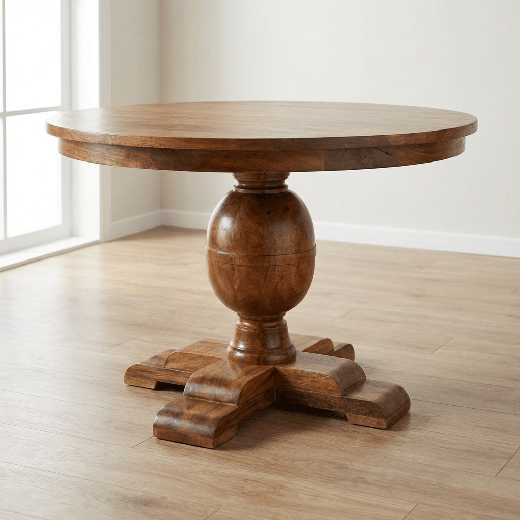 Wentworth Round Dining Table - Solid Mango Wood Kitchen Table - main view showing handcrafted solid mango wood dining table