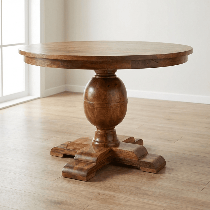 Wentworth Round Dining Table - Solid Mango Wood Kitchen Table - main view showing handcrafted solid mango wood dining table