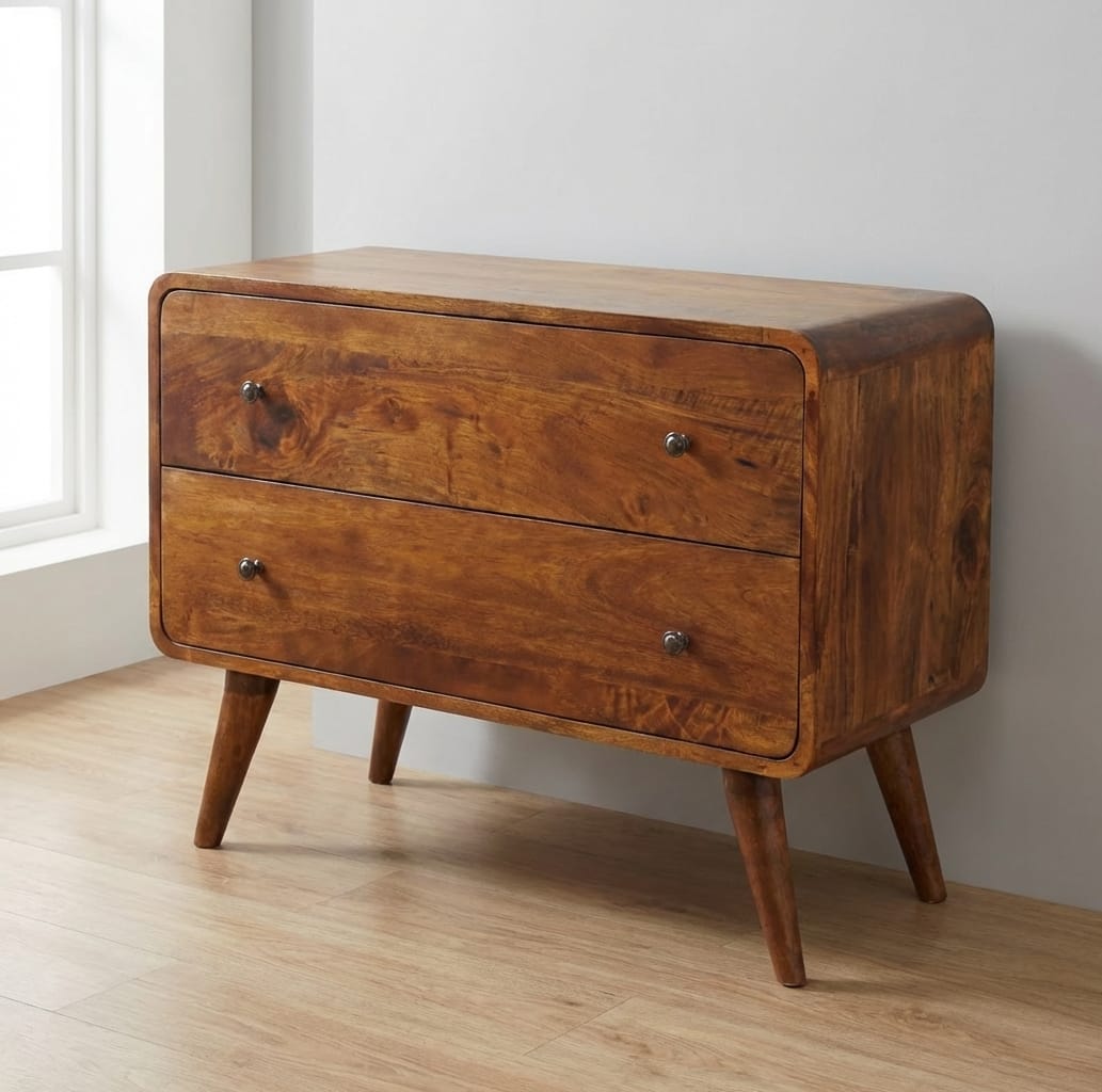 2 Drawer Curved Chestnut Dresser - Solid Mango Wood Storage Chest for Bedroom - main view showing handcrafted solid mango...