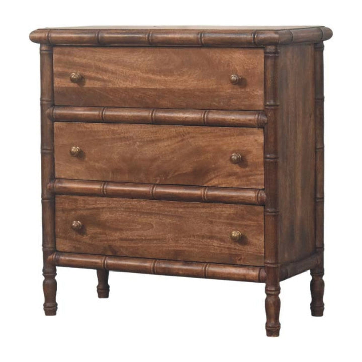 Carved Bamboo 3-Drawer Dresser - Solid Mango Wood Storage Chest for Bedroom - product view 3 showing handcrafted solid...