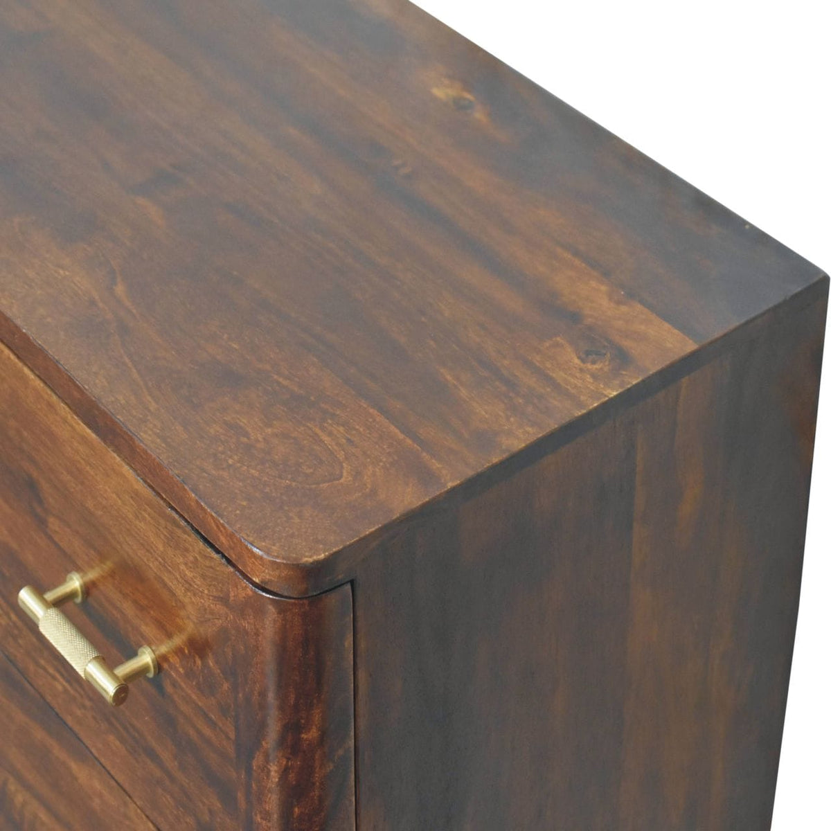 Chestnut T-Bar Dresser - Solid Mango Wood Storage Chest for Bedroom - product view 5 showing handcrafted solid mango wood...