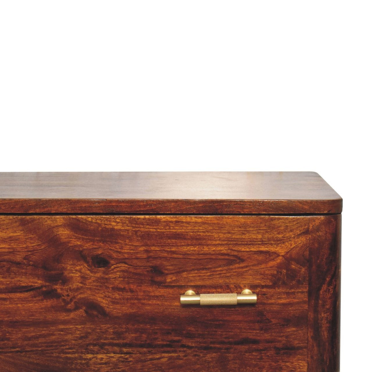 Chestnut T-Bar Dresser - Solid Mango Wood Storage Chest for Bedroom - product view 4 showing handcrafted solid mango wood...