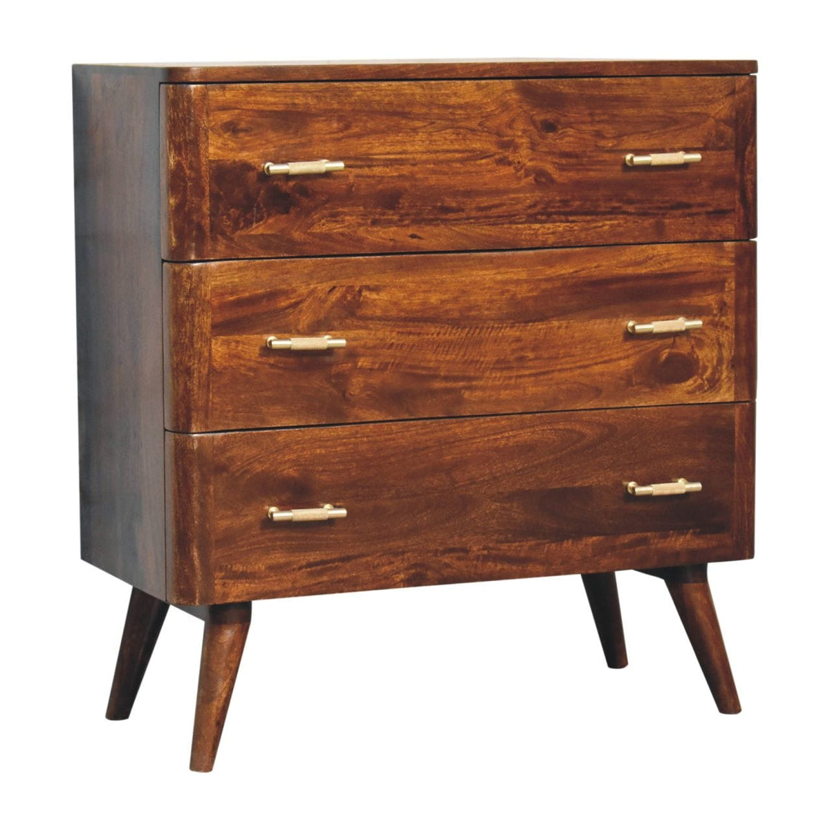 Chestnut T-Bar Dresser - Solid Mango Wood Storage Chest for Bedroom - product view 3 showing handcrafted solid mango wood...