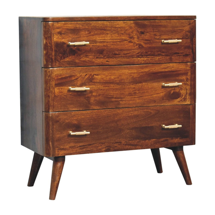 Chestnut T-Bar Dresser - Solid Mango Wood Storage Chest for Bedroom - product view 3 showing handcrafted solid mango wood...