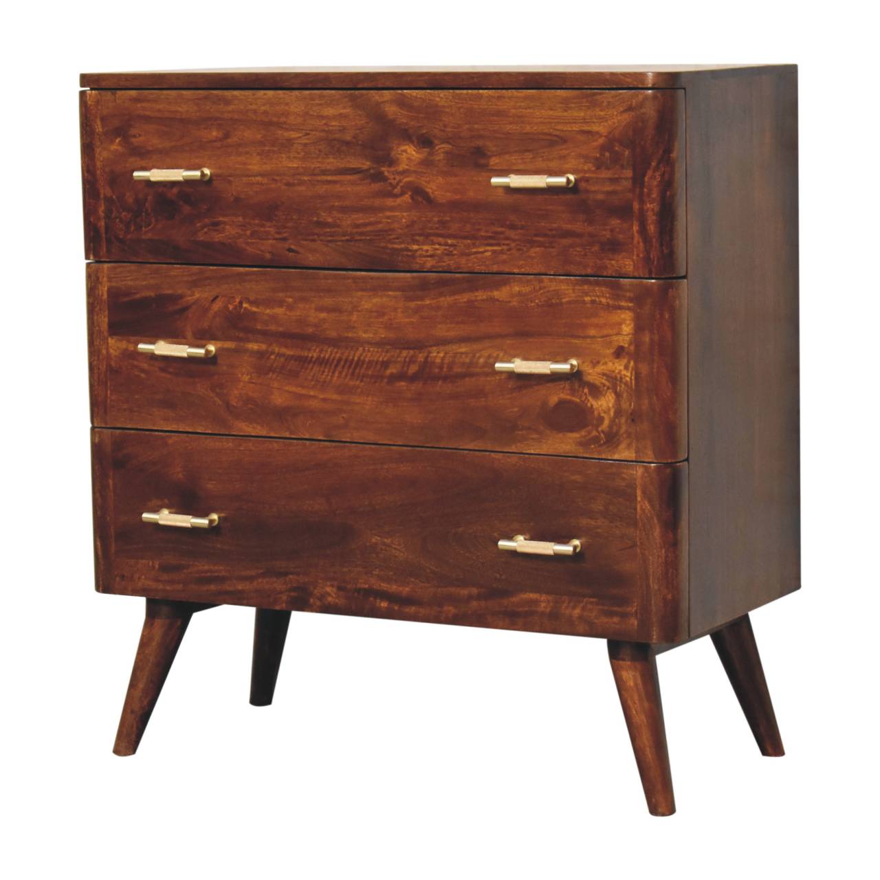 Chestnut T-Bar Dresser - Solid Mango Wood Storage Chest for Bedroom - product view 2 showing handcrafted solid mango wood...