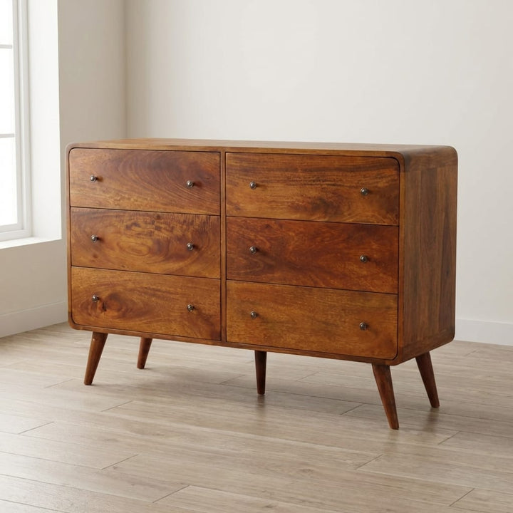 Curved Chestnut Dresser - Solid Mango Wood Storage Chest for Bedroom - main view showing handcrafted solid mango wood dresser
