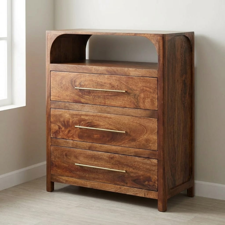 Functional Arc-Line 3 Drawer Dresser - Solid Mango Wood Storage Chest for Bedroom - main view showing handcrafted solid...