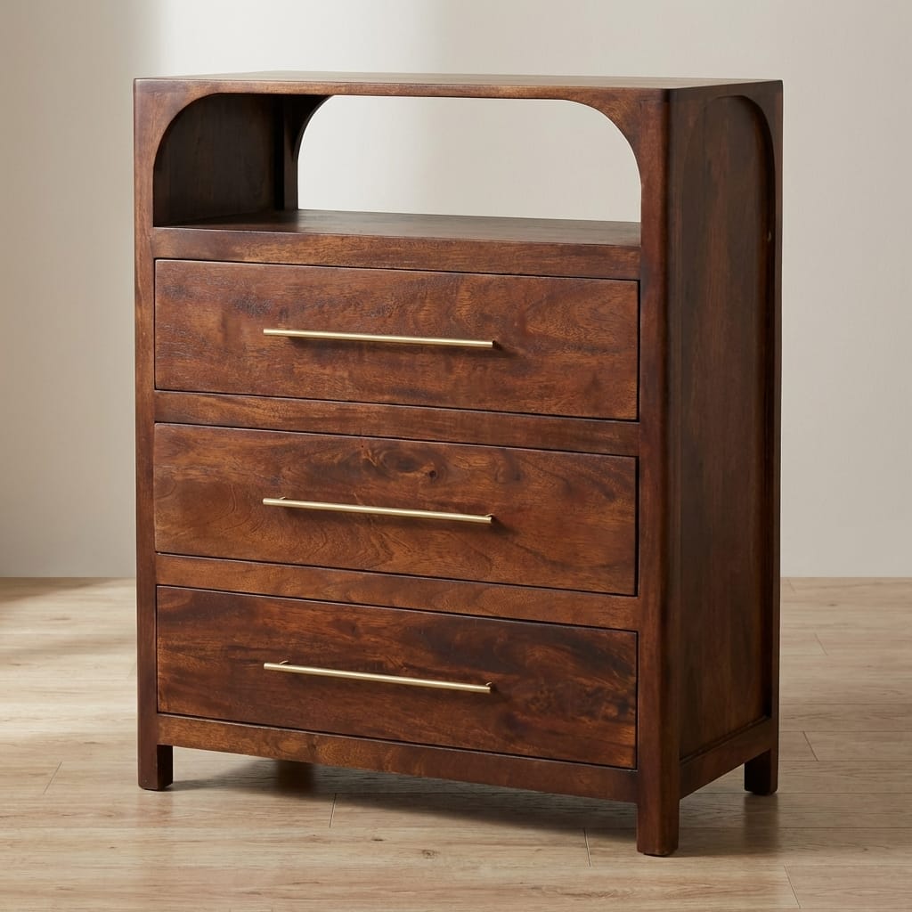 Functional Arched Edge 3 Drawer Dresser - Solid Mango Wood Storage Chest for Bedroom - main view showing handcrafted...
