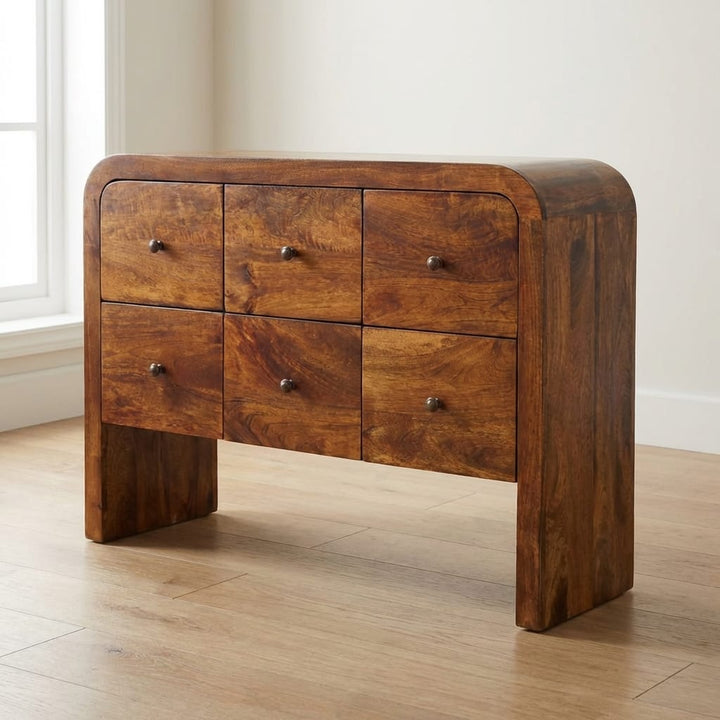 Functional Darcy 3 over 3 Drawer Dresser - Solid Mango Wood Storage Chest for Bedroom - main view showing handcrafted...