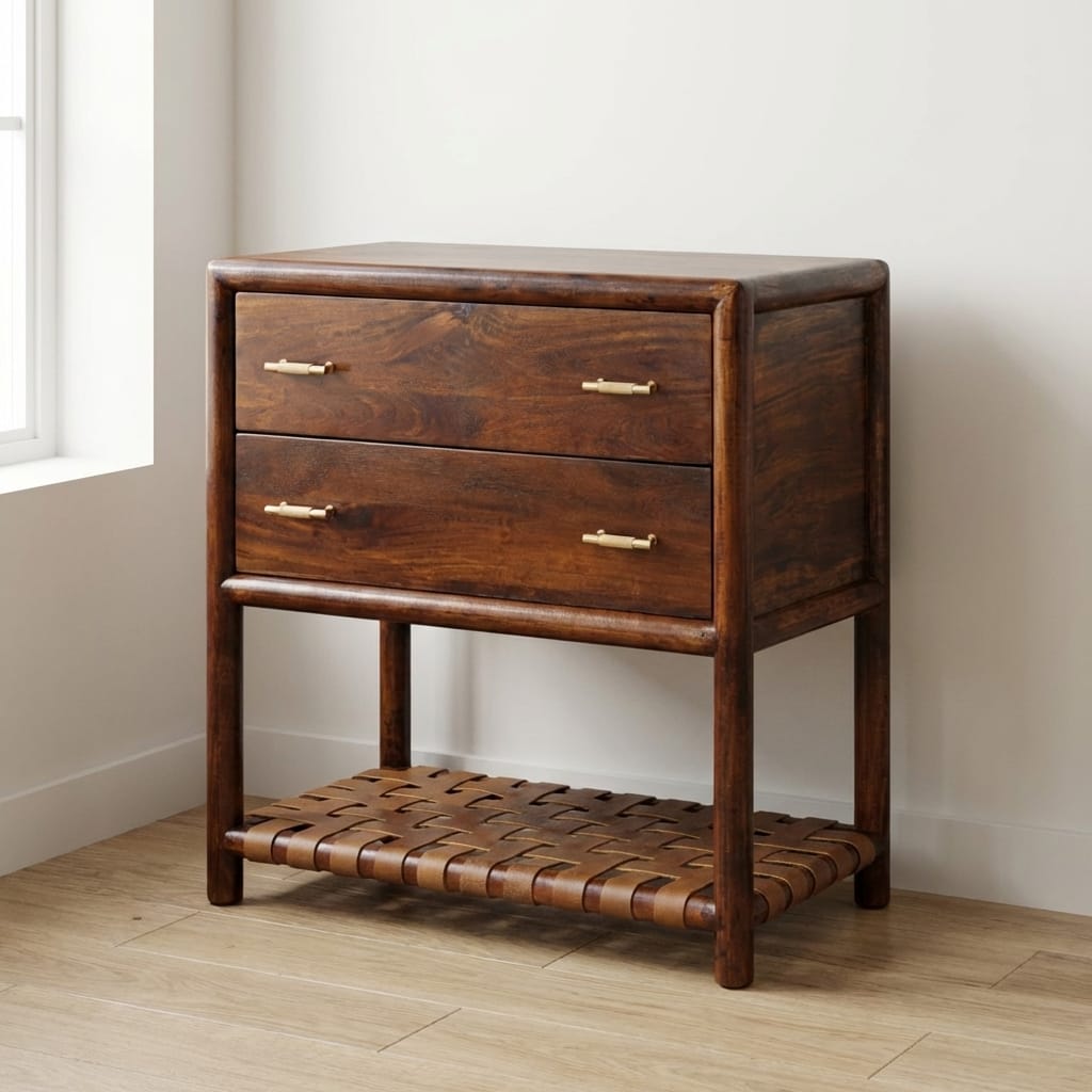 Glamorous Woven Chestnut Dresser - Solid Mango Wood Storage Cabinet for Bedroom - main view showing handcrafted solid...