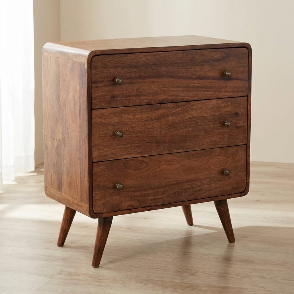 Handcrafted Curved Honey Caramel Dresser - Solid Mango Wood Storage Chest for Bedroom - main view showing handcrafted...