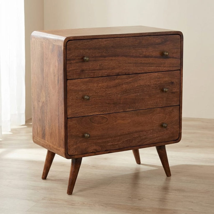 Handcrafted Curved Honey Caramel Dresser - Solid Mango Wood Storage Chest for Bedroom - main view showing handcrafted...