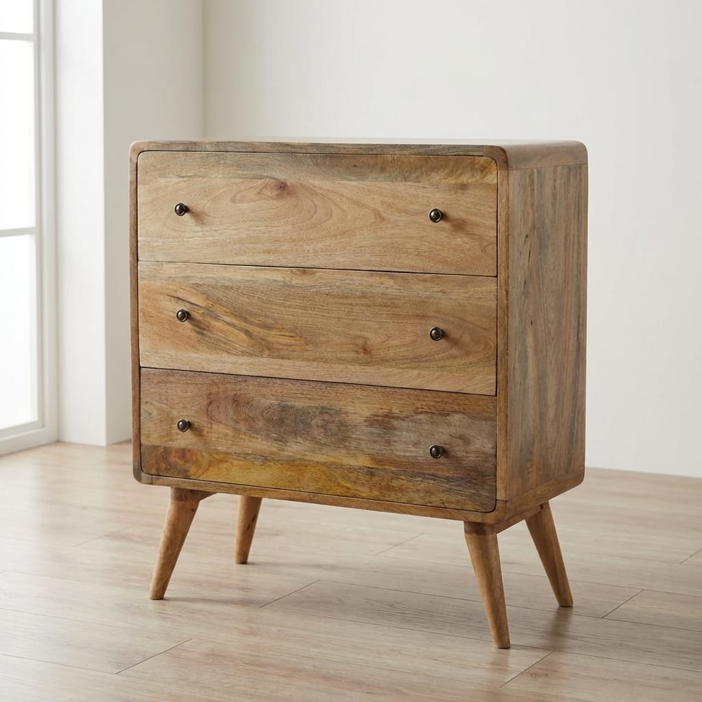 Handcrafted Curved Oak-ish Dresser - Solid Mango Wood Storage Chest for Bedroom - main view showing handcrafted solid...