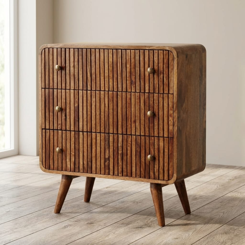 Handcrafted Honey Caramel T-bar Ridged Dresser - Solid Mango Wood Storage Chest for Bedroom - main view showing...