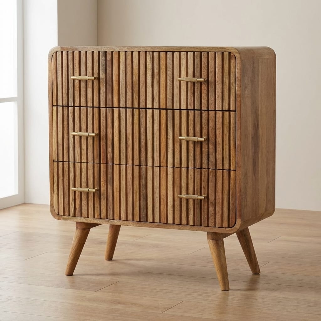 Handcrafted T-bar Ridged Dresser - Solid Mango Wood Storage Chest for Bedroom - main view showing handcrafted solid mango...